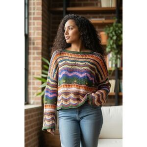 Coquette Rainbow Crochet Knit Sweater Boxy Crop Open Stitch Scallop M